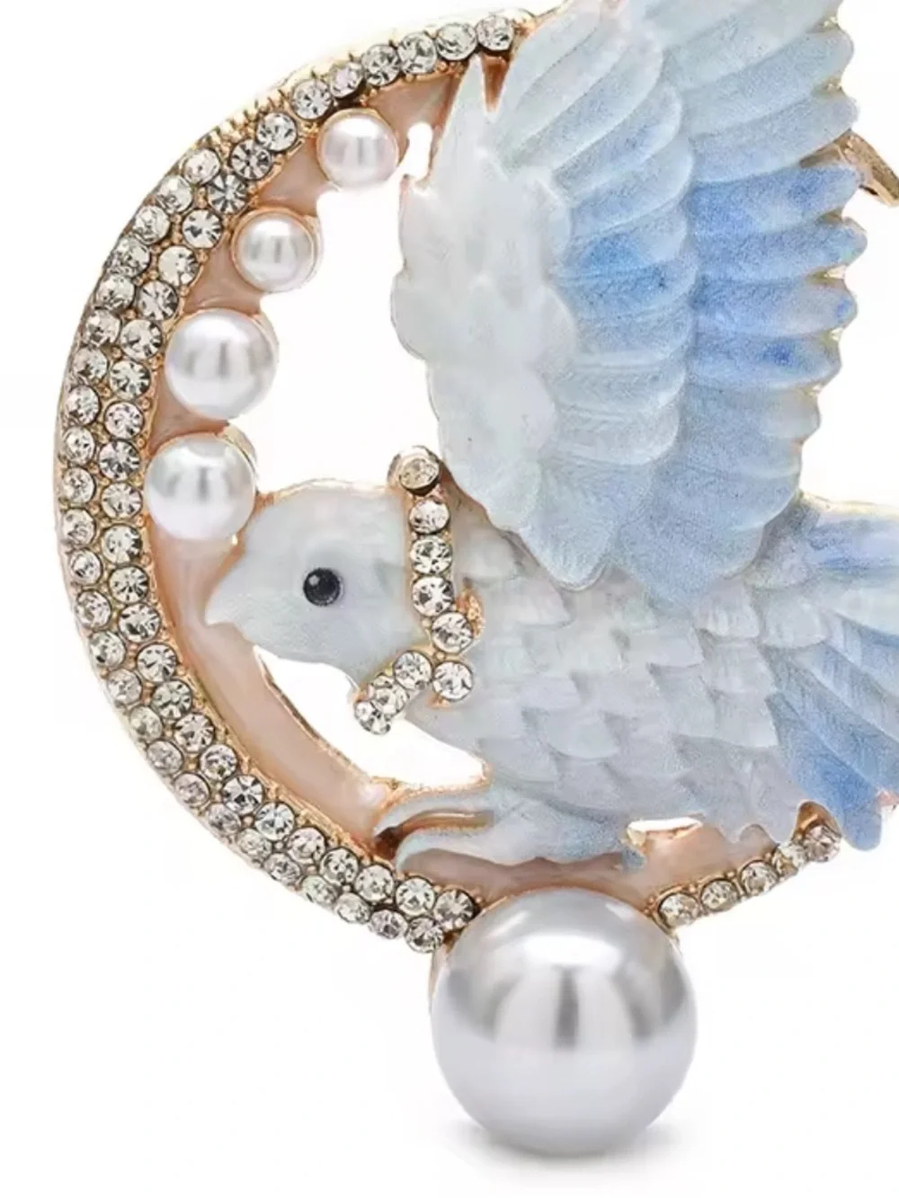 Celestial Blue Bird Pearl Gold Crystal Brooch